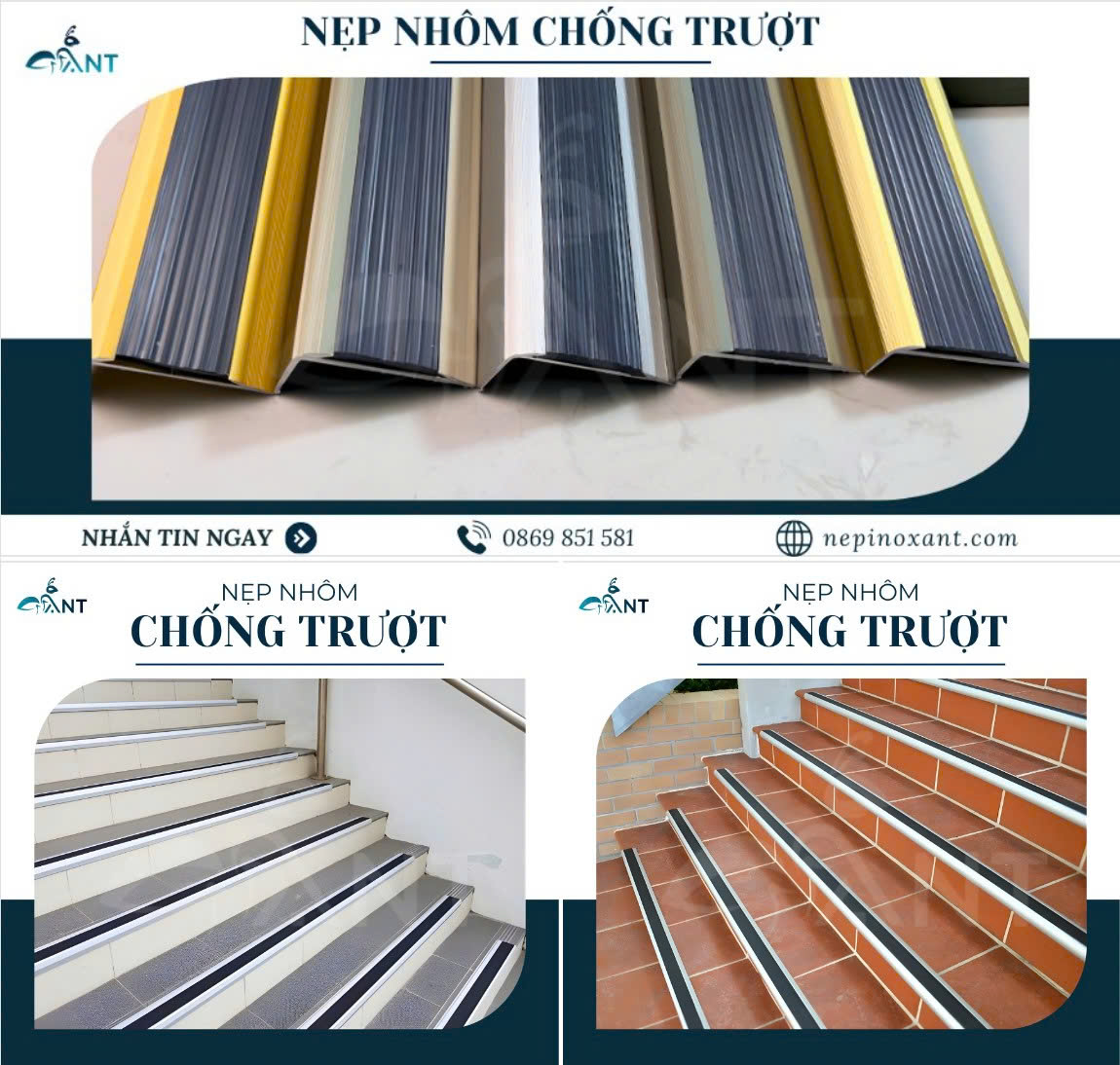 Nẹp Chống Trơn Cầu Thang Gạch 3 Nẹp Nhôm Chống Trượt Ron Cao Su