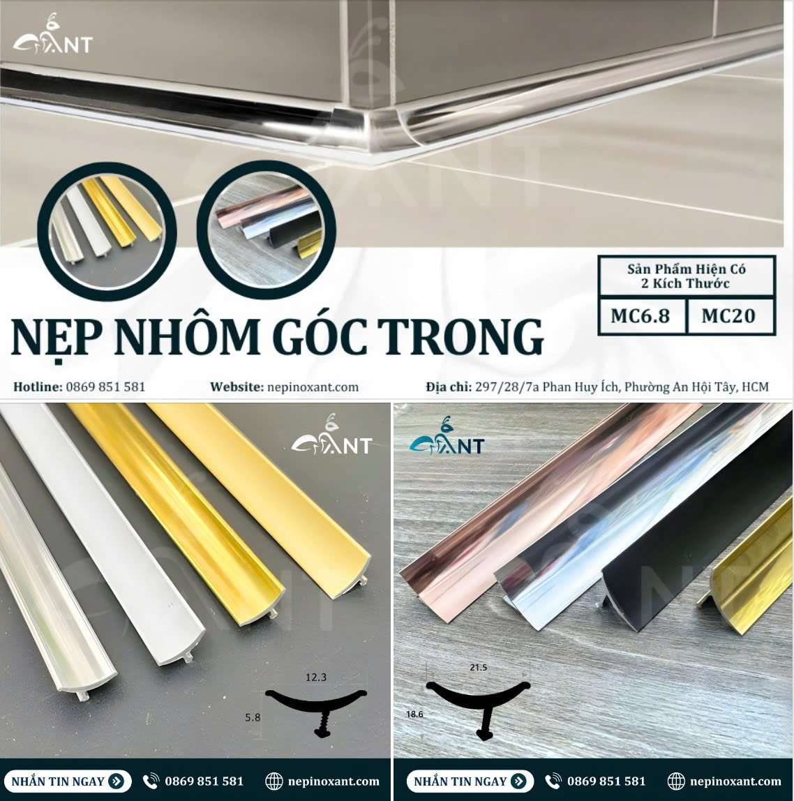 Nẹp Nhôm Góc Trong Gạch MC