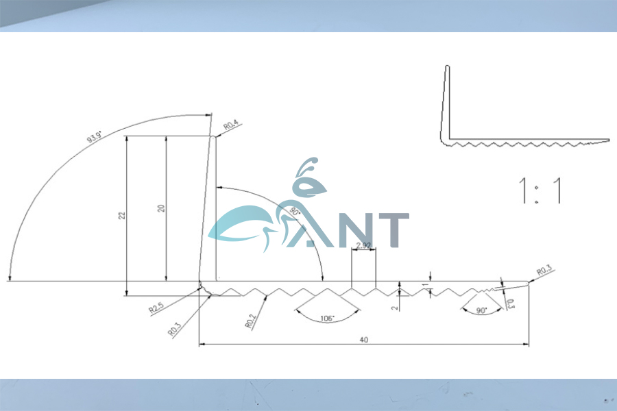 Nẹp nhôm chống trơn gạch L40 gân 2 Mặt cắt nẹp nhôm chống trơn L40 gân