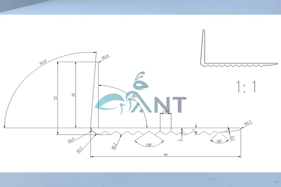 Nẹp nhôm chống trơn gạch L40 gân 6 Mặt cắt nẹp nhôm chống trơn L40 gân